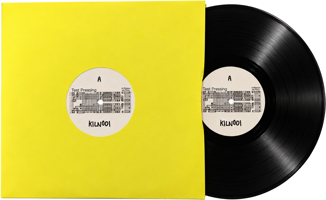 The Kiln test pressing KILN001 — black vinyl in a yellow sleeve, one of four ever cut